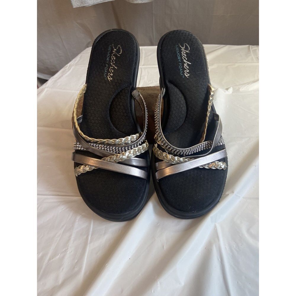 Women's Skechers Memory Foam Wedge Rhinestone & Metallic Strappy Sandals-Size 10